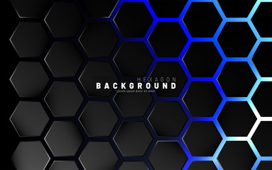 Abstract black hexagon pattern on blue neon background technology style. Honeycomb. Vector illustration