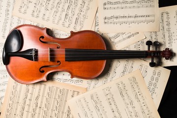 Fototapeta na wymiar Violin On Music Sheets Close-up