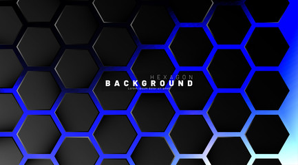 Abstract black hexagon pattern on blue neon background technology style. Honeycomb. Vector illustration