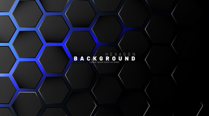 Abstract black hexagon pattern on blue neon background technology style. Honeycomb. Vector illustration
