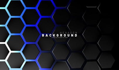 Abstract black hexagon pattern on blue neon background technology style. Honeycomb. Vector illustration