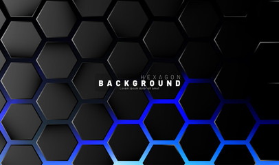 Abstract black hexagon pattern on blue neon background technology style. Honeycomb. Vector illustration