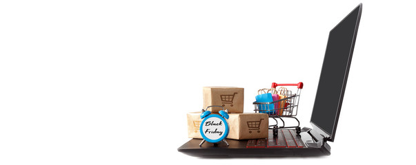 Online shopping / ecommerce and delivery service concept : Paper cartons with a shopping cart or...
