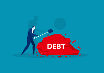 businessman with steel hammer and debt on stone concept. 