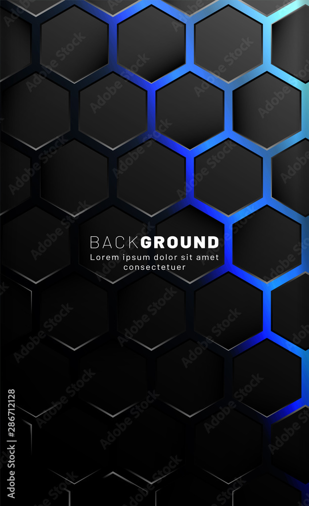 Wall mural vertical hexagon background. gradient color light pattern with dark background technology style. hon