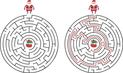 Winter Maze Labyrinth Game with answer. Help Santa find the way out of the Labyrinth. Colorful flat vector illustration.
