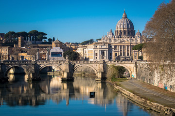 St. Peter's Basilica view of the Tiber River, Vatican, Rome, Italy.