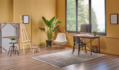 Yellow living room wall background window garden view, carpet detail with easel painting object.