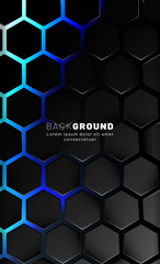 Vertical hexagon background. Gradient color light pattern with dark background technology style. Honeycomb. Vector illustration of light.