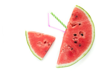 Slices of juicy ripe red watermelon on a white background. Fresh watermelon juice. Cocktails and soft drinks with watermelon.