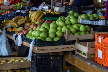 Stand on Big Serbian Farmers Market With Green and Red Apples, Bananas
