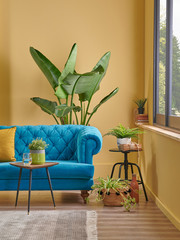 Modern yellow living room, blue classic sofa, easel and painting style, frame vase of plant and interior decoration.