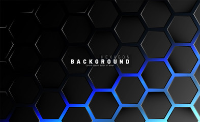 Abstract black hexagon pattern on blue neon background technology style. Honeycomb. Vector illustration