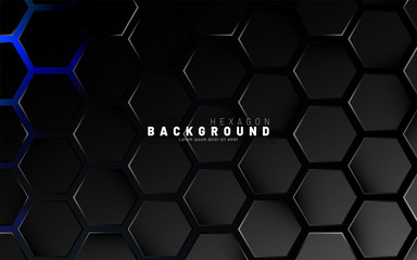 Abstract black hexagon pattern on blue neon background technology style. Honeycomb. Vector illustration