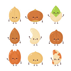 Cute happy nuts set collection. Vector flat