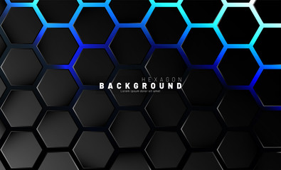 Abstract black hexagon pattern on blue neon background technology style. Honeycomb. Vector illustration