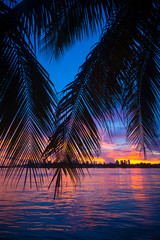 Scenic sunset view of the city skyline on Biscayne Bay in Miami, Florida, USA