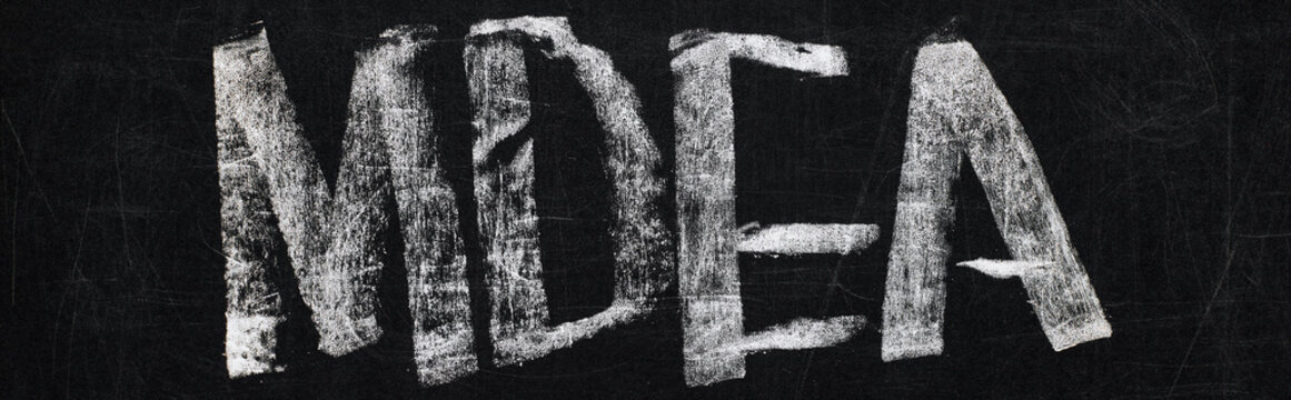 panoramic shot of black chalk board with lettering mdea