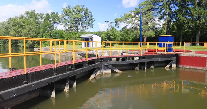 Erie Canal New York Palmyra 29 Lock control gate fence. Pioneer engineering wonder. 363 miles long man made waterway built in 1817. Transport of cargo from eastern ports and cities.