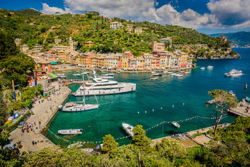 Aerial view of Portofino - Italy - Sea of Liguria. Sunny day and lots of tourists.