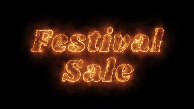 Festival Sale Word Hot Animated Burning Realistic Fire Flame and Smoke Seamlessly loop Animation on Isolated Black Background. Fire Word, Fire Text, Flame word, Flame Text, Burning Word, Burning Text.