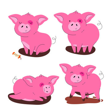 Cute pig - flat design style set of cartoon characters