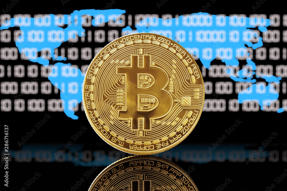 Aufkleber digital golden cryptocurrency bitcoin coin with blue world map. 3d rendering