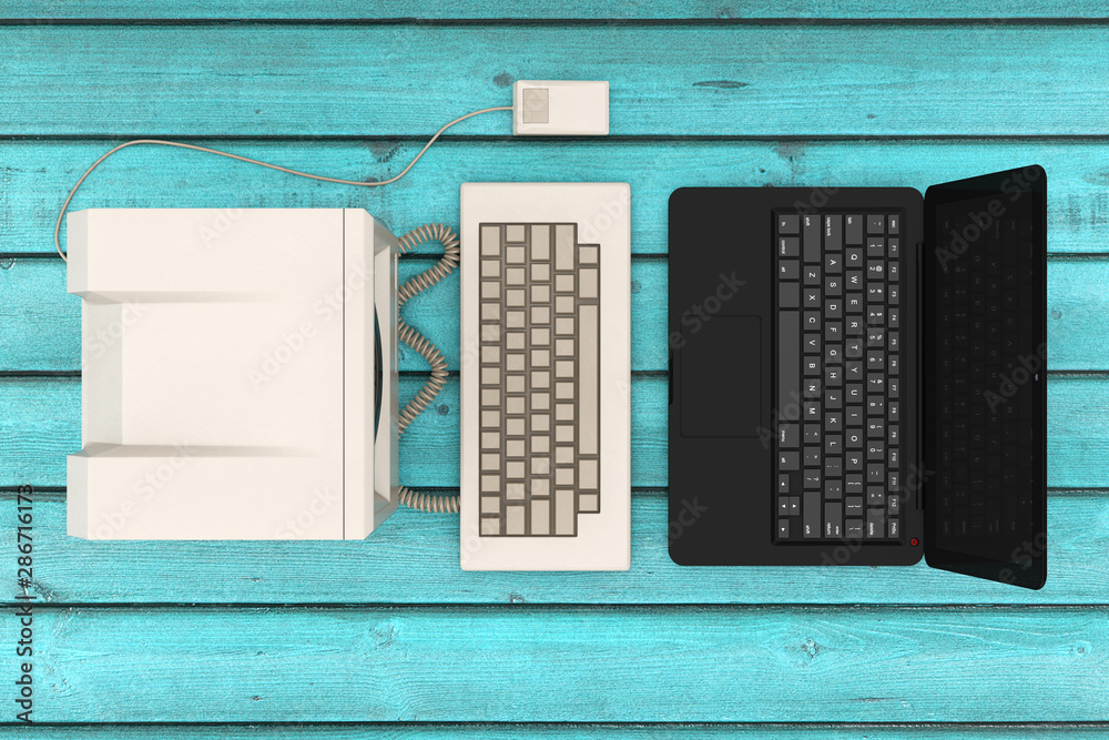 Poster computer technology concept. top view of the system unit, monitor, keyboard and mouse in front of mo