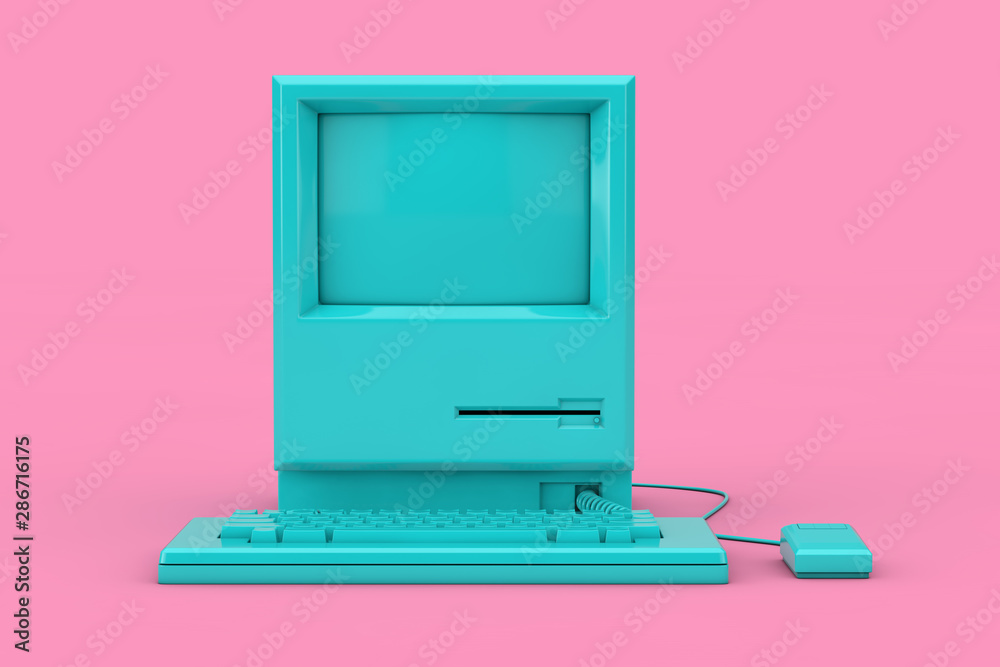 Leinwandbilder Blue Retro Personal Computer. The System Unit, Monitor, Keyboard and Mouse Mock Up Duotone. 3d Rendering