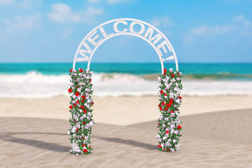 Summer Vacation Concept. Beautiful Decor Arc, Gate or Portal with Flowers and Welcome Sign on an Ocean Deserted Coast. 3d Rendering