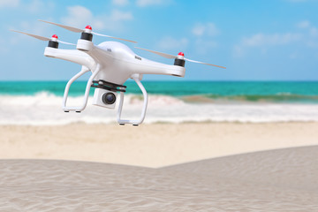 Summer Vacation Concept. White Moder Air Drone with Camera above an Ocean Deserted Coast. 3d Rendering