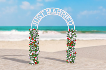 Beautiful Wedding Decor Arch with Flowers and Just Married Sign on an Ocean Deserted Coast. 3d Rendering