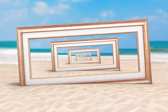 Summer Vacation Concept. Infinity View Through Wooden Vintage Frame on an Ocean Deserted Coast. 3d Rendering