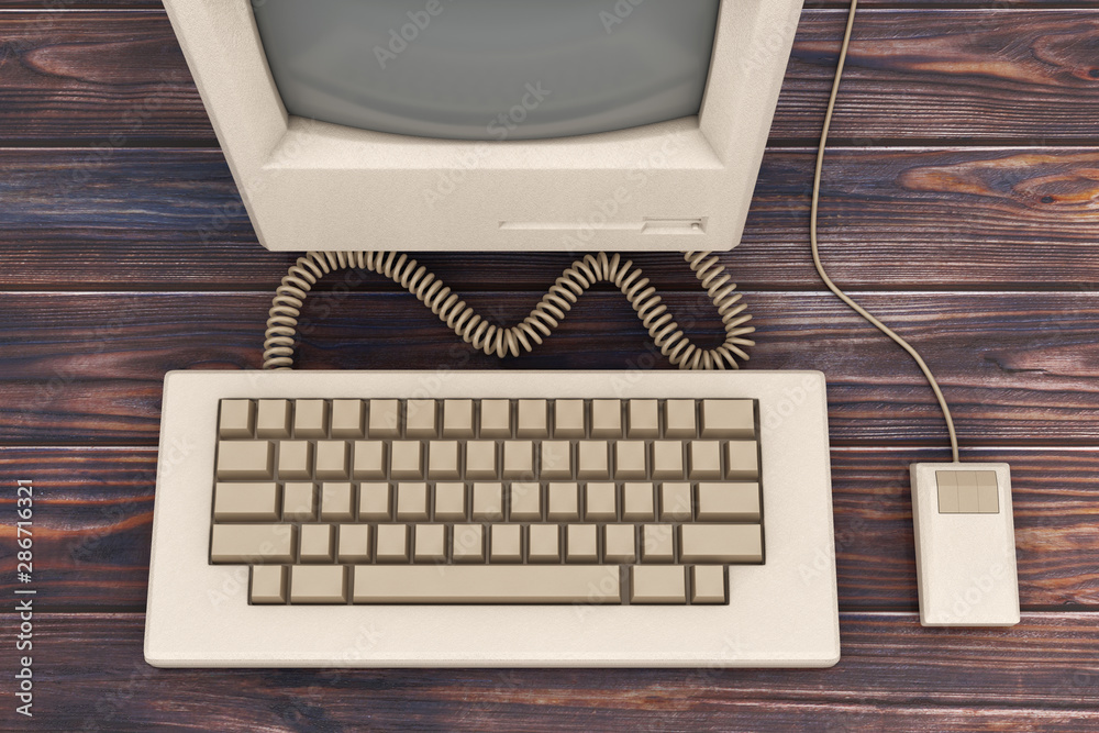 Poster retro personal computer. the system unit, monitor, keyboard and mouse. 3d rendering