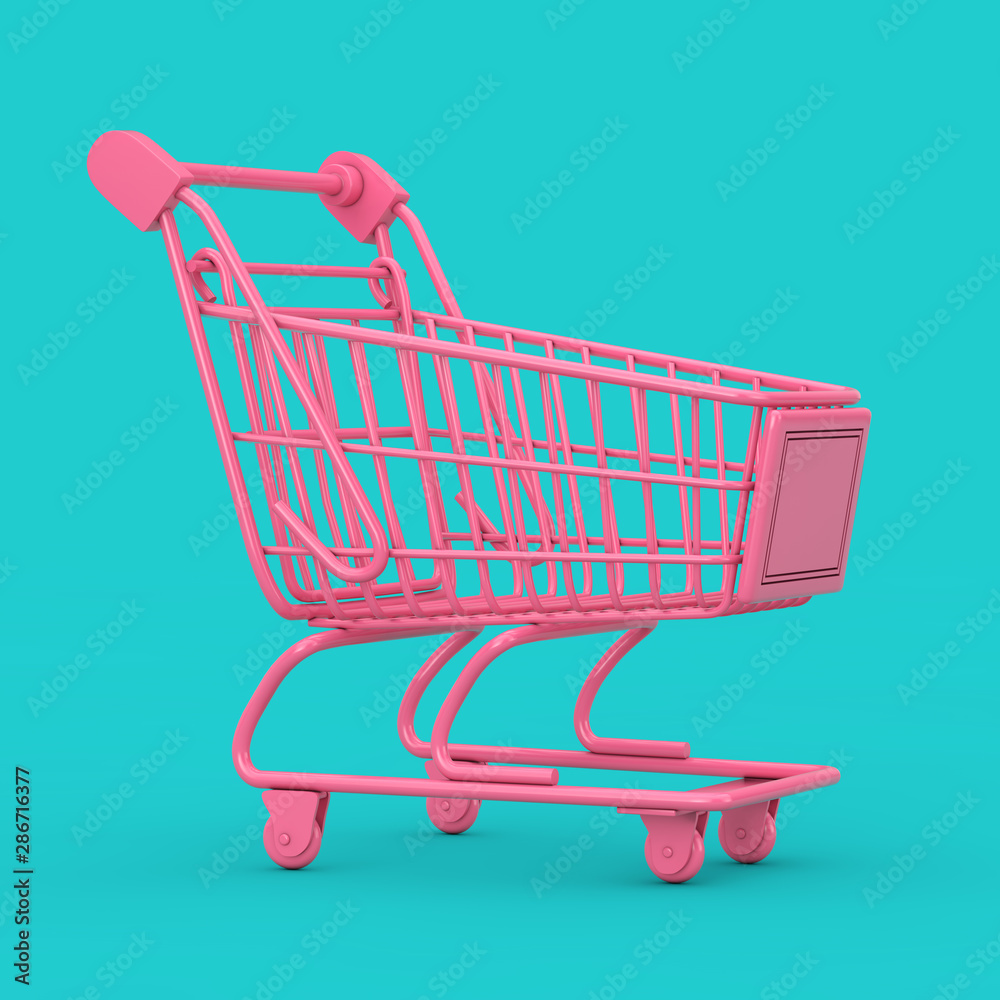 Poster pink shopping cart trolley mock up duotone. 3d rendering