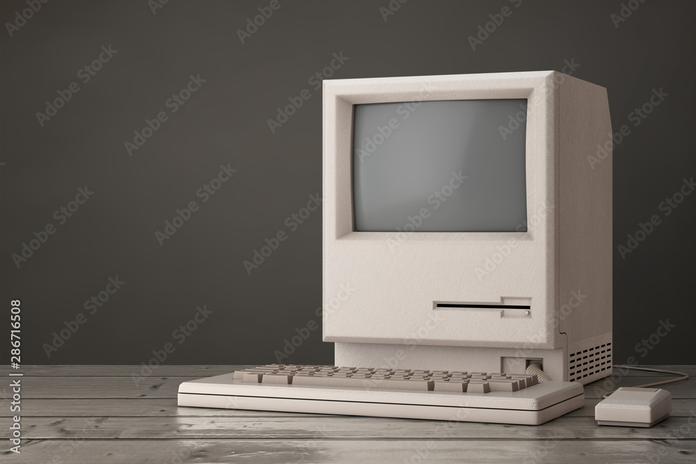 Poster retro personal computer. the system unit, monitor, keyboard and mouse. 3d rendering