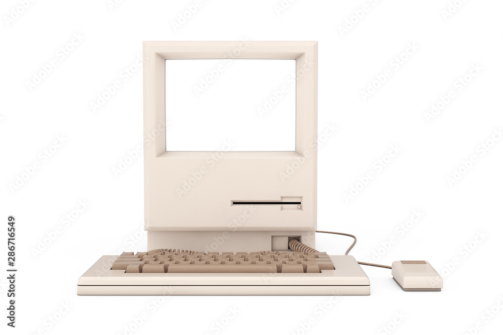 Poster retro personal computer. the system unit, keyboard, mouse and monitor with free space for your desig