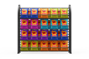 Dog Food Bag Packages Designon a Black Long Showcase Displays with Retail Shelves. 3d Rendering