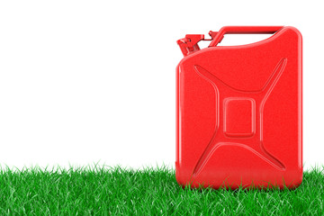 Eco Fuel Concept. Red Metal Jerrycan in a Green Grass. 3d Rendering © doomu