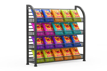 Dog Food Bag Packages Designon a Black Long Showcase Displays with Retail Shelves. 3d Rendering