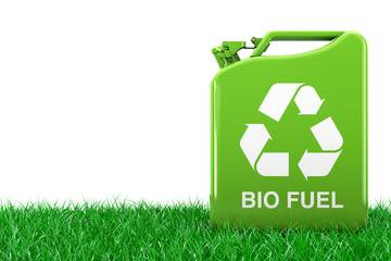 Eco Fuel Concept. Green Metal Jerrycan with Recycle and Bio Fuel Sign in Green Grass. 3d Rendering