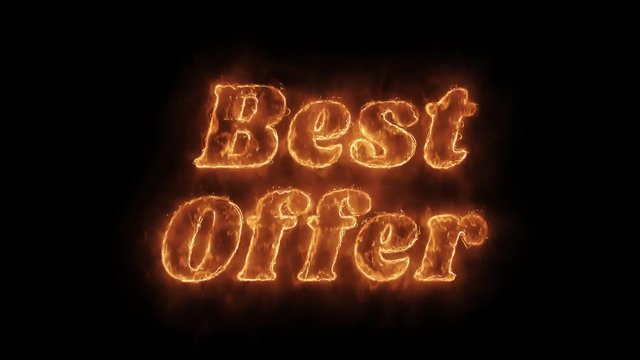 Best Offer Word Hot Animated Burning Realistic Fire Flame and Smoke Seamlessly loop Animation on Isolated Black Background. Fire Word, Fire Text, Flame word, Flame Text, Burning Word, Burning Text.