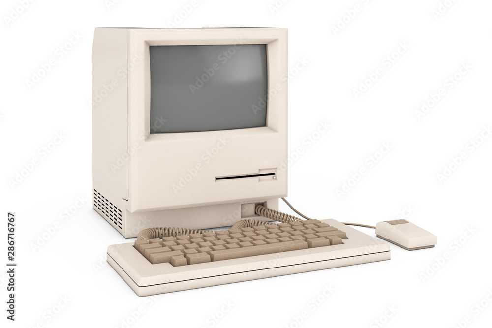 Fototapete retro personal computer. the system unit, monitor, keyboard and mouse. 3d rendering