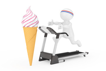 Fitness Concept. Person Runner Runs Along the Treadmill and Reaches for the Soft Serve Ice Cream in Waffle Crispy Ice Cream Cone. 3d Rendering