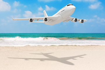 Fototapeta na wymiar White Jet Passenger's Airplane over Ocean Deserted Coast. 3d Rendering