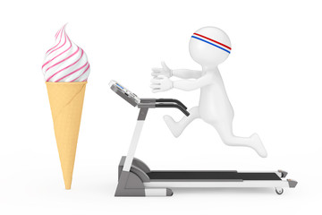 Fitness Concept. Person Runner Runs Along the Treadmill and Reaches for the Soft Serve Ice Cream in Waffle Crispy Ice Cream Cone. 3d Rendering