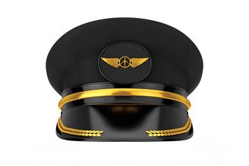  Civil Aviation and Air Transport Airline Pilots Hat or Cap with Gold Aviation Insignia. 3d Rendering - obrazy, fototapety, plakaty