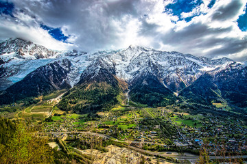 Panoramic view of the Mont-Blanc Mountains. French Alps.