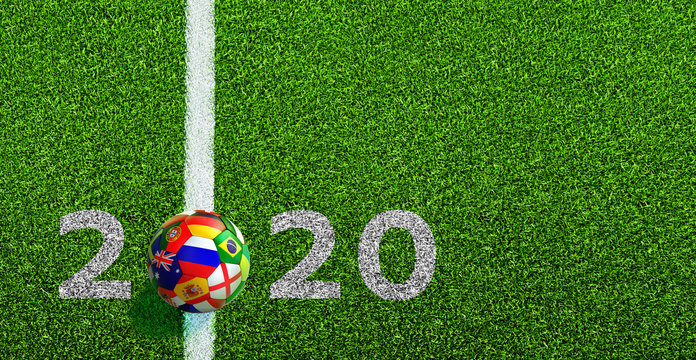 Soccer ball with flag with line on soccer field and 2020 numbers