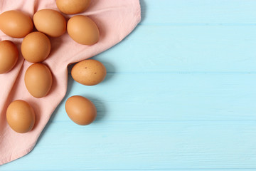 chicken eggs on a colored background. Farm products, natural eggs.